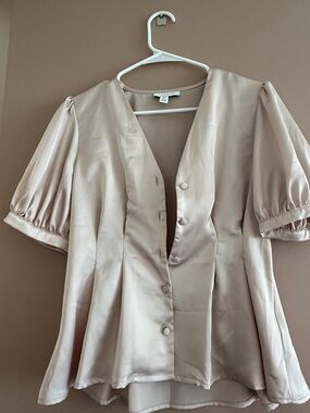 Topshop Blush Pink Satin Blouse with Feminine Neckline